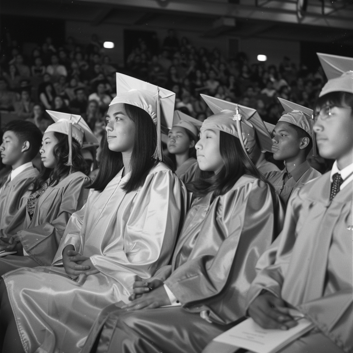 Une photo en niveaux de gris d'étudiants assis le jour de leur remise de diplôme | Source : Midjourney