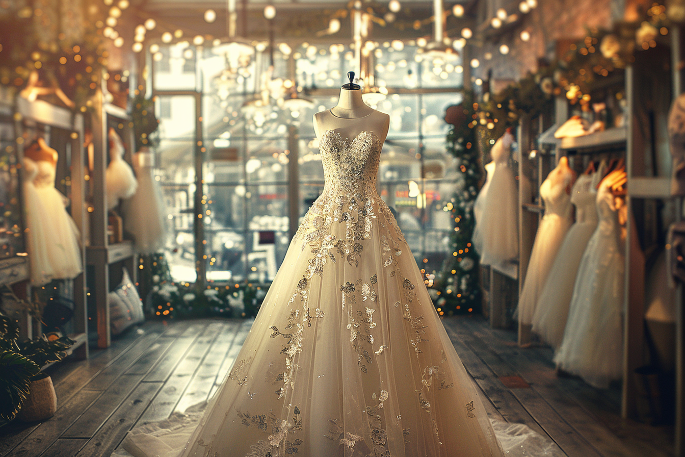 Une superbe robe de mariée exposée dans une boutique de mariage | Source : Midjourney