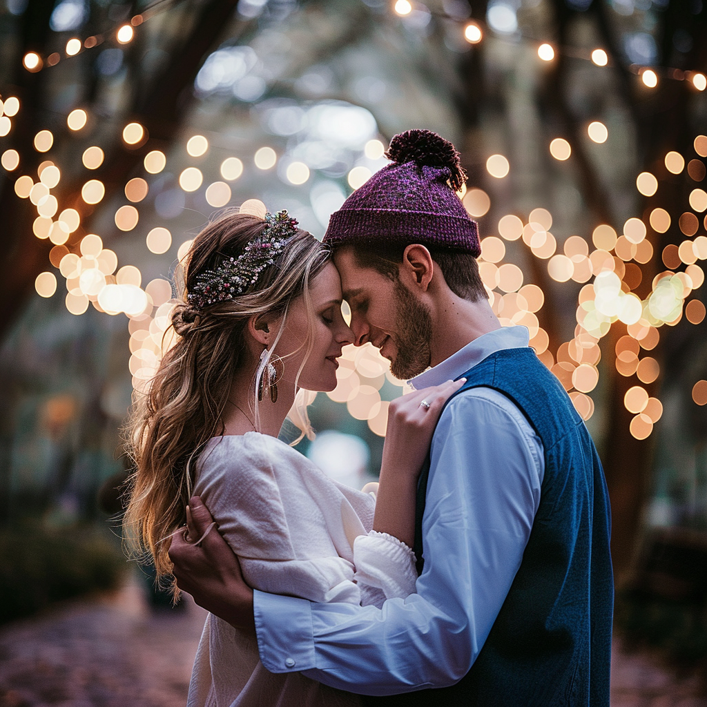 Un couple de jeunes mariés dansant sous des lumières scintillantes | Source : Midjourney