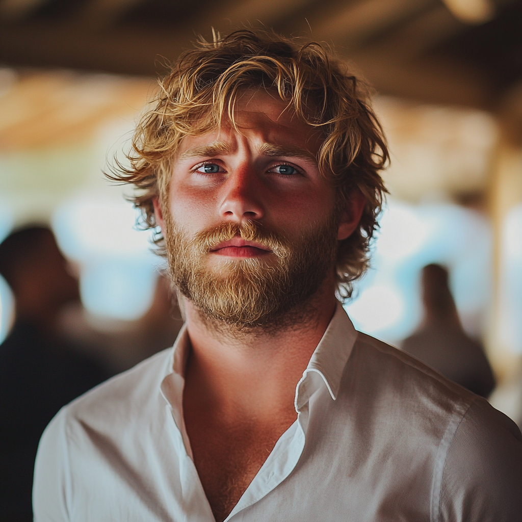 Un homme inquiet portant une chemise blanche de cérémonie | Source : Midjourney