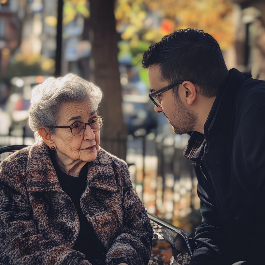 Une femme âgée ayant une conversation avec son fils | Source : Midjourney