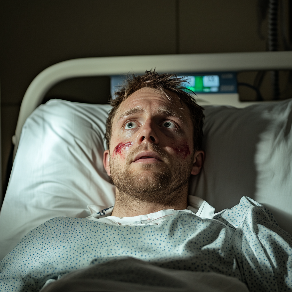 Close-up of an injured man lying on a hospital bed | Source: Midjourney