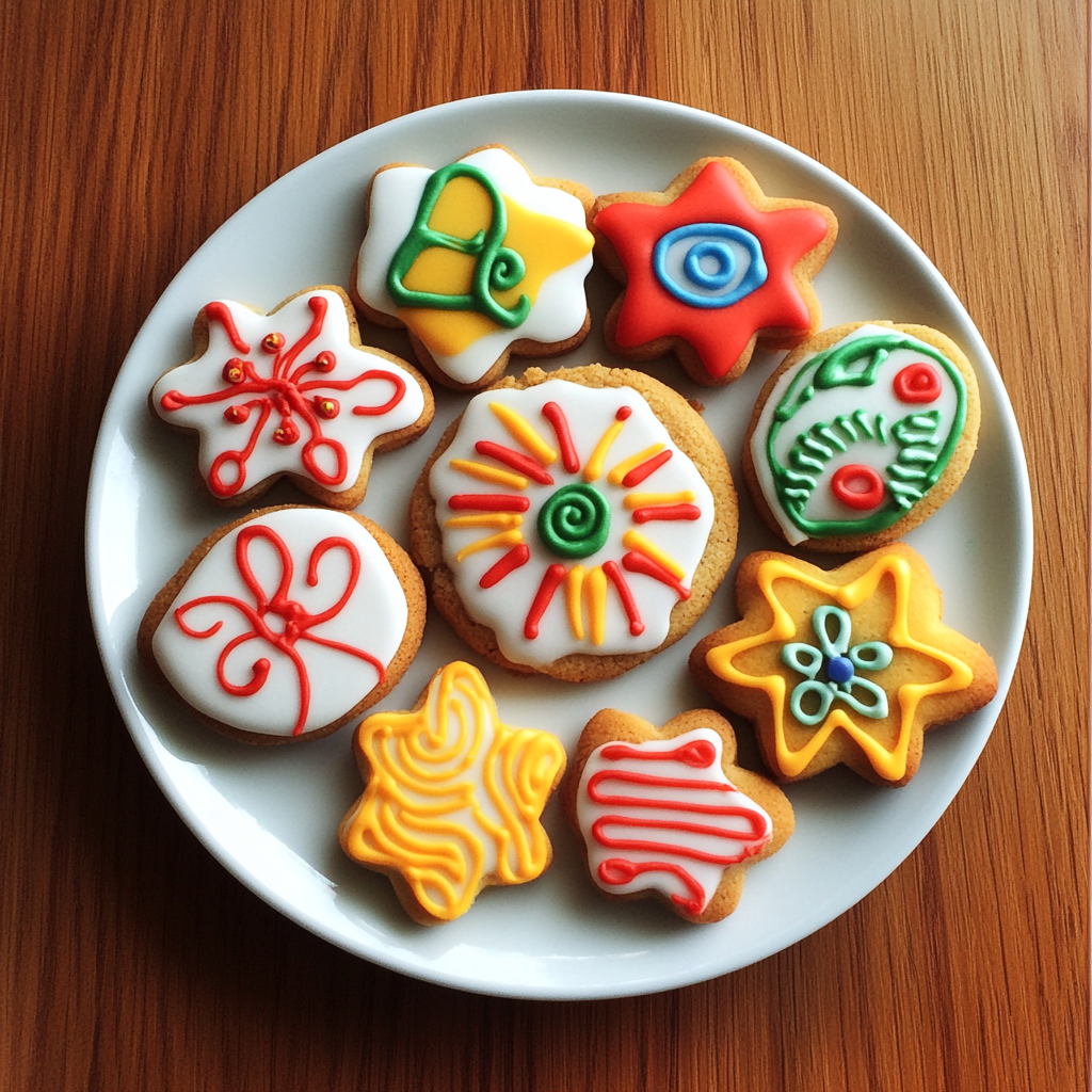 Une assiette de biscuits colorés | Source : Midjourney