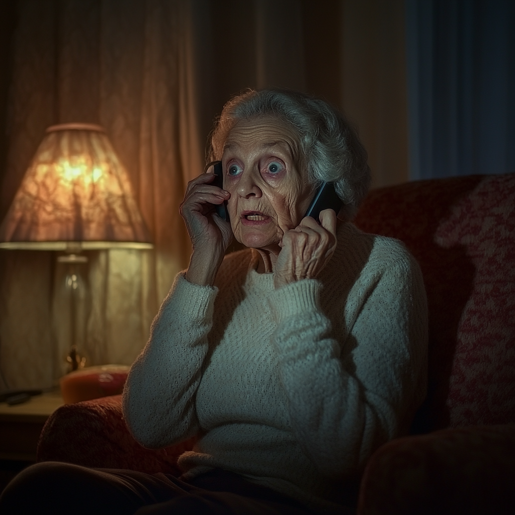 Une femme âgée effrayée sur son téléphone | Source : Midjourney