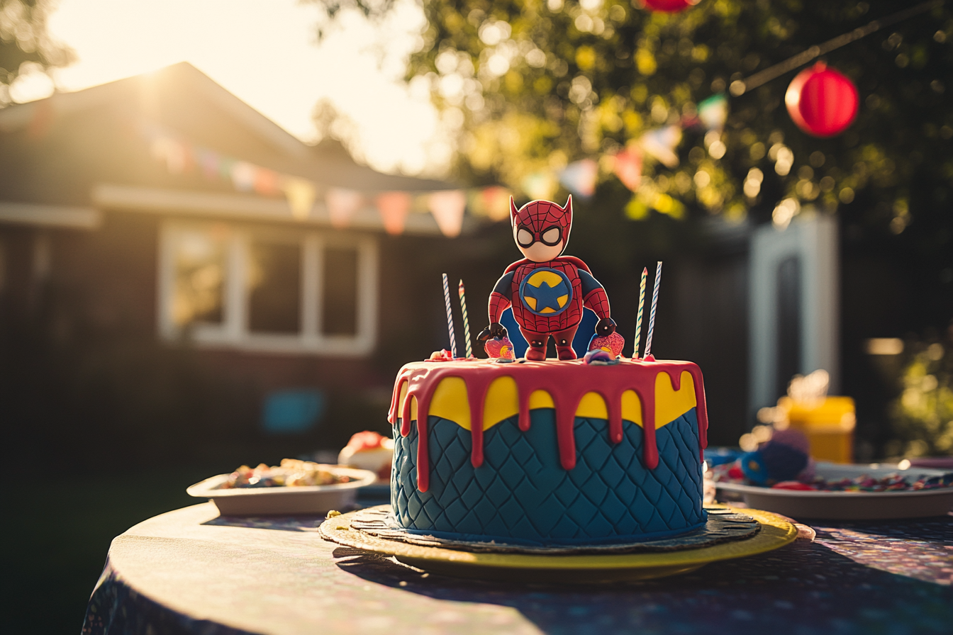 Un gâteau d'anniversaire de super-héros sur une table lors d'une fête d'anniversaire dans l'arrière-cour | Source : Midjourney