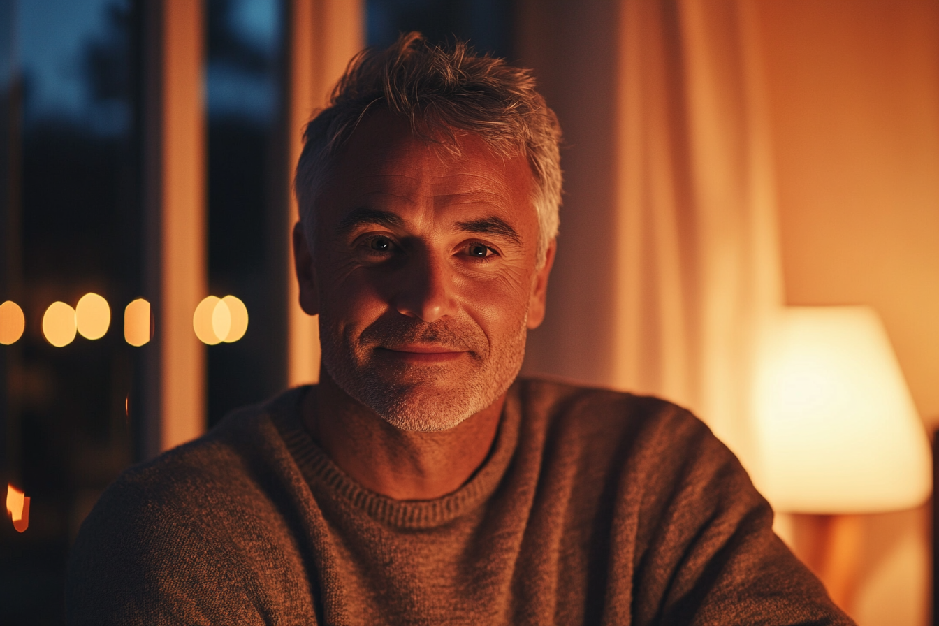 Un homme assis dans un salon | Source : Midjourney