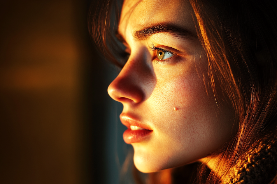 Vue de côté d'une femme qui voit quelque part | Source : Midjourney