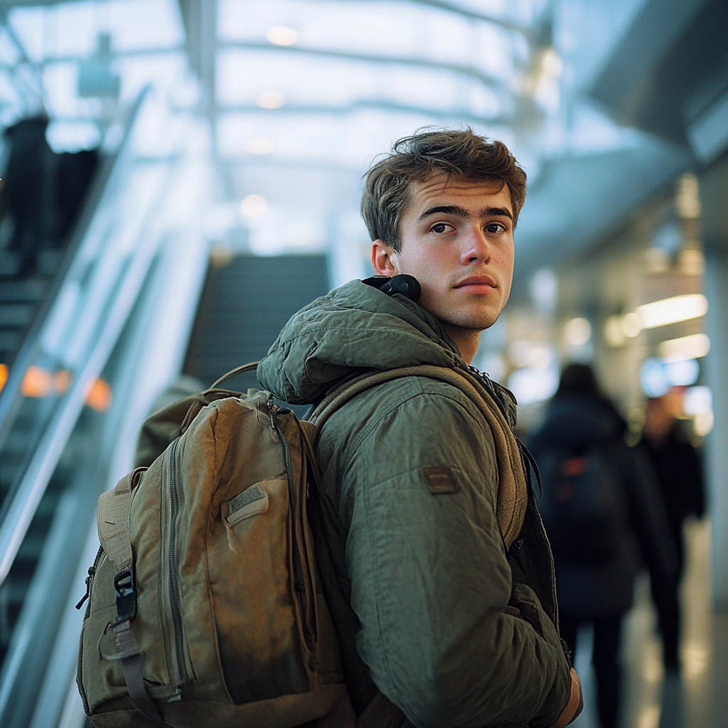 Un jeune homme transportant ses bagages à l'aéroport | Source : Midjourney