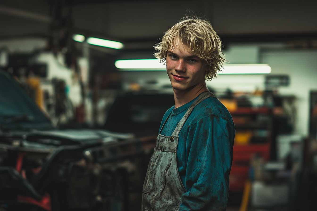 Un adolescent souriant dans un garage de mécanicien avec une salopette sale | Source : Midjourney