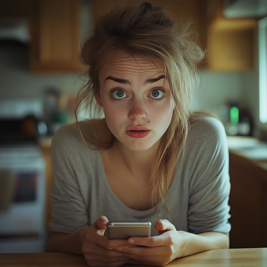 Une femme choquée tenant un téléphone | Source : Midjourney