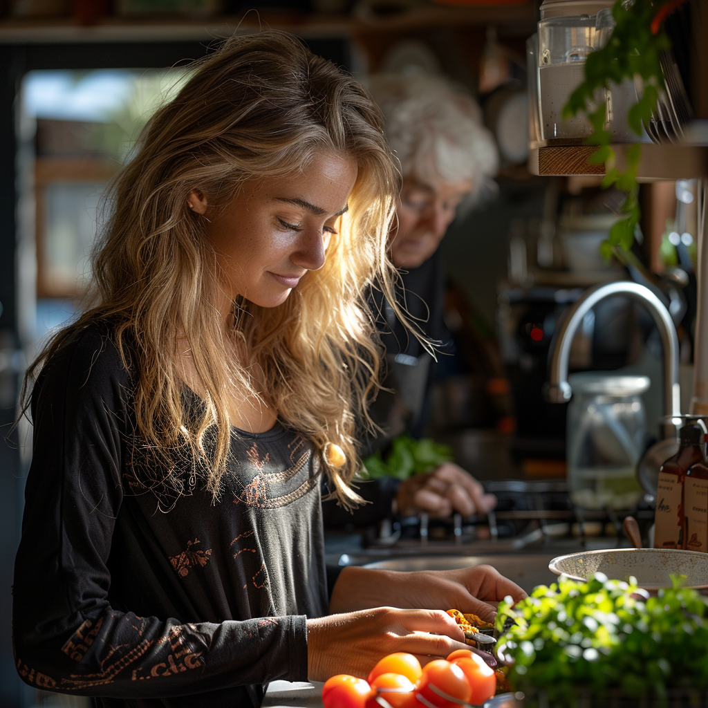 Mia cuisine pendant que sa grand-mère fait la vaisselle | Source : Midjourney