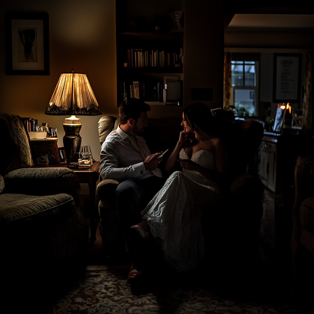 Newlyweds having an intimate conversation in their living room | Source: Midjourney