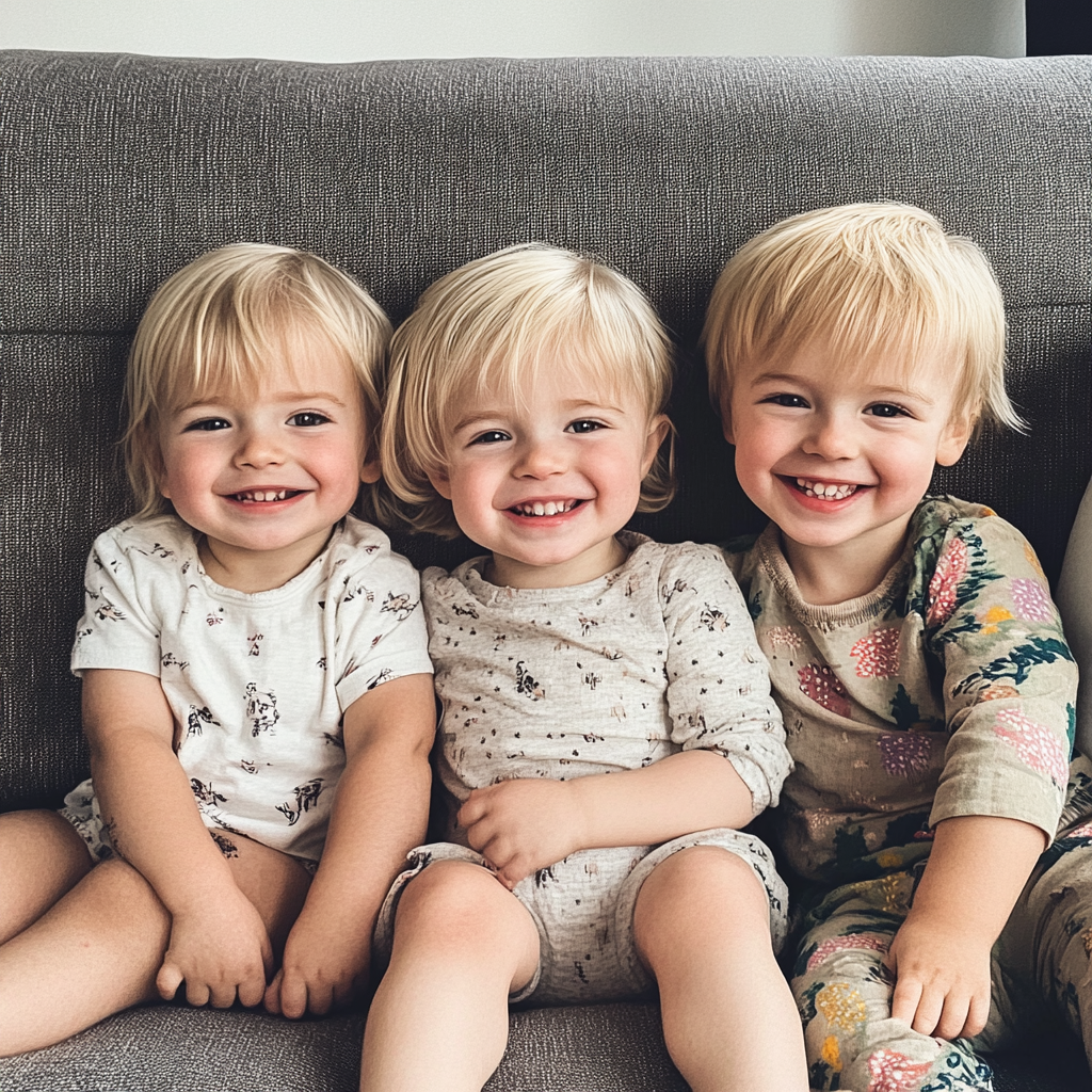 Trois enfants souriants assis sur un canapé | Source : Midjourney