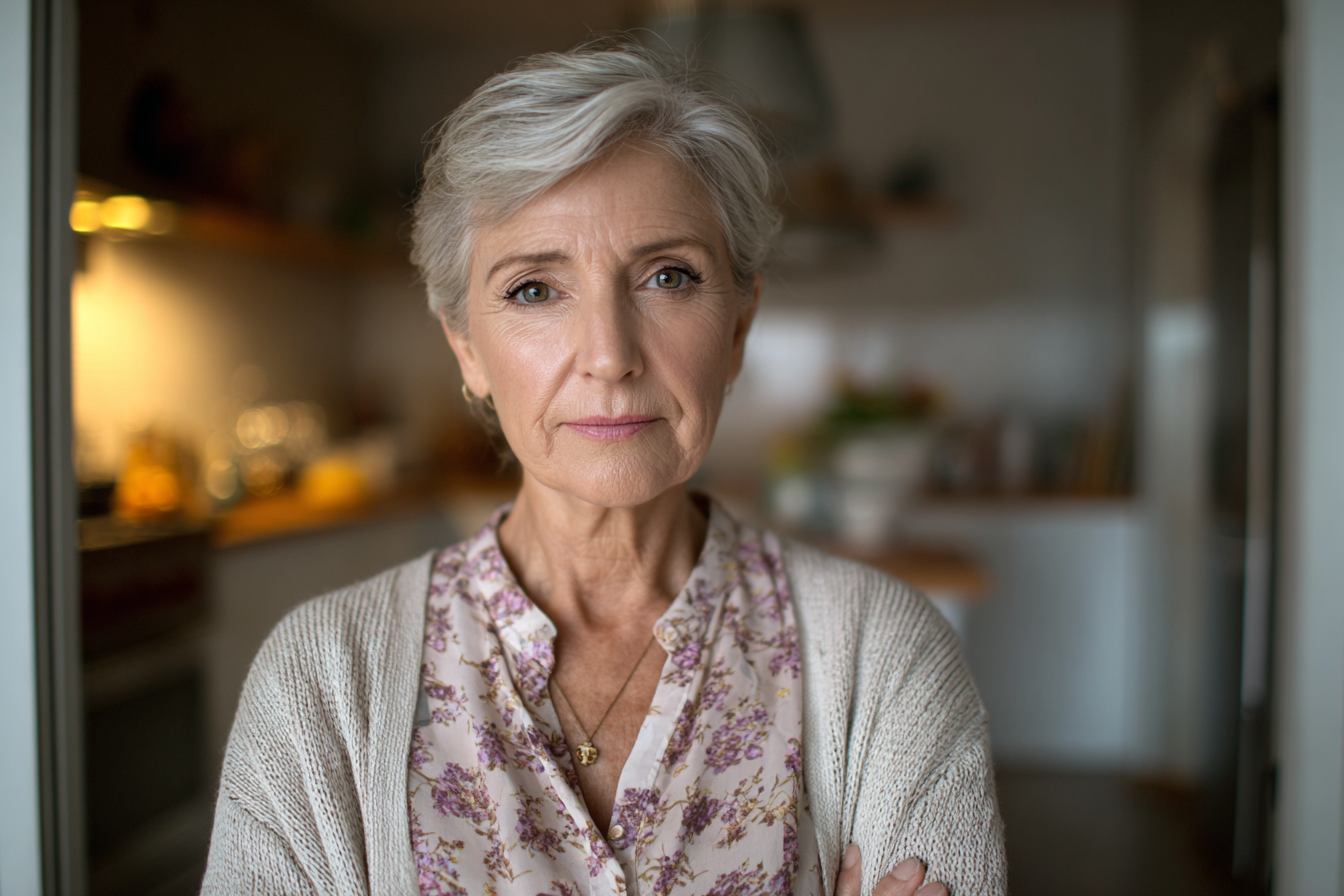 Une femme âgée qui regarde droit devant elle | Source : Midjourney