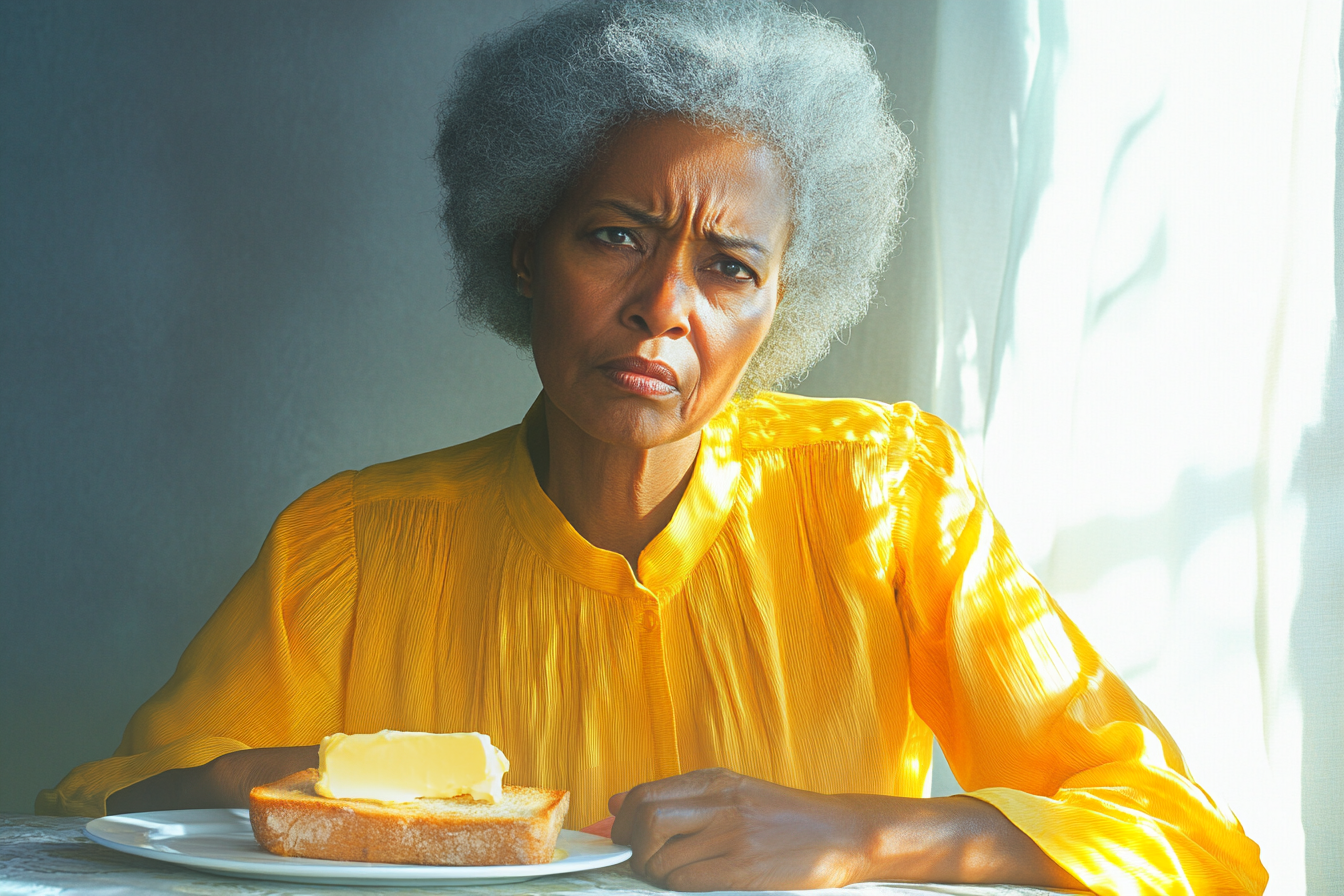 An elderly woman sitting at a table with toast on her plate, frowning | Source: Midjourney