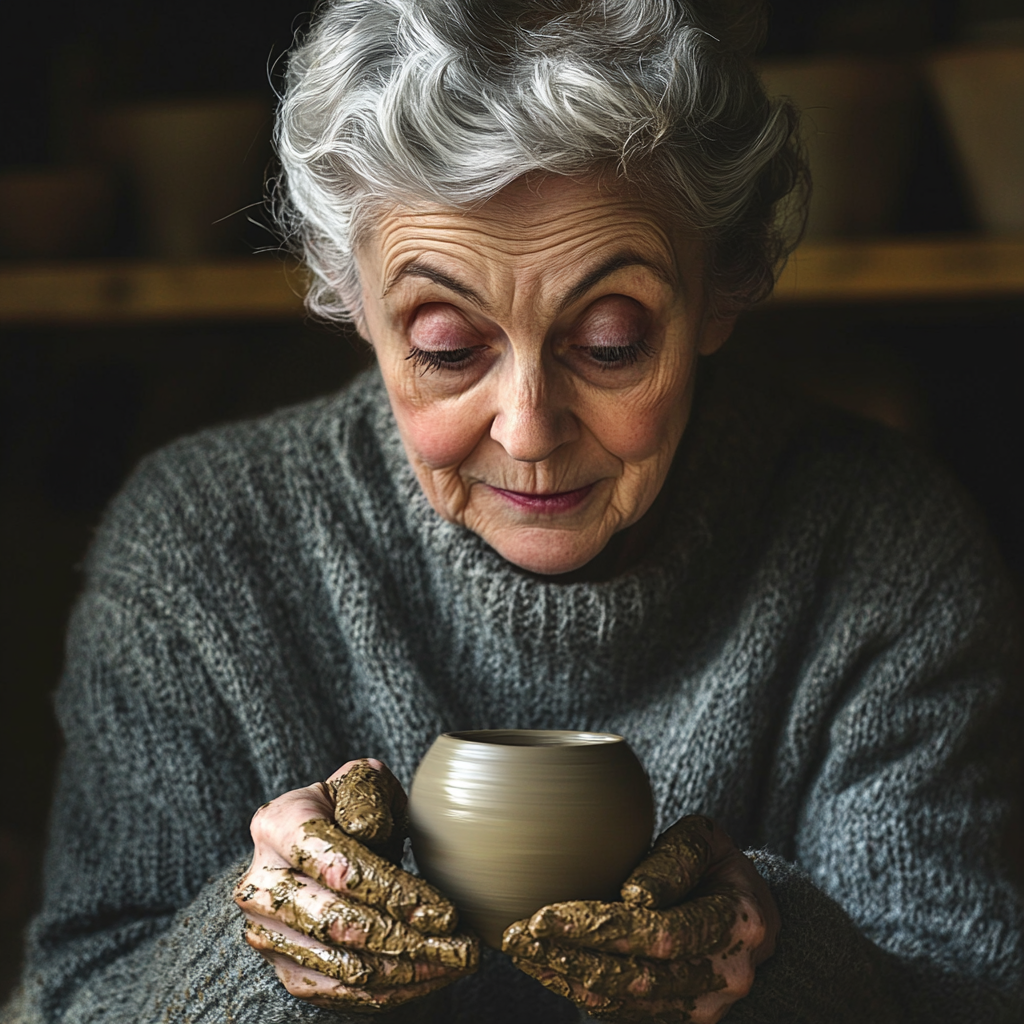 Une femme âgée fabriquant des poteries à partir d'argile cuite | Source : Midjourney