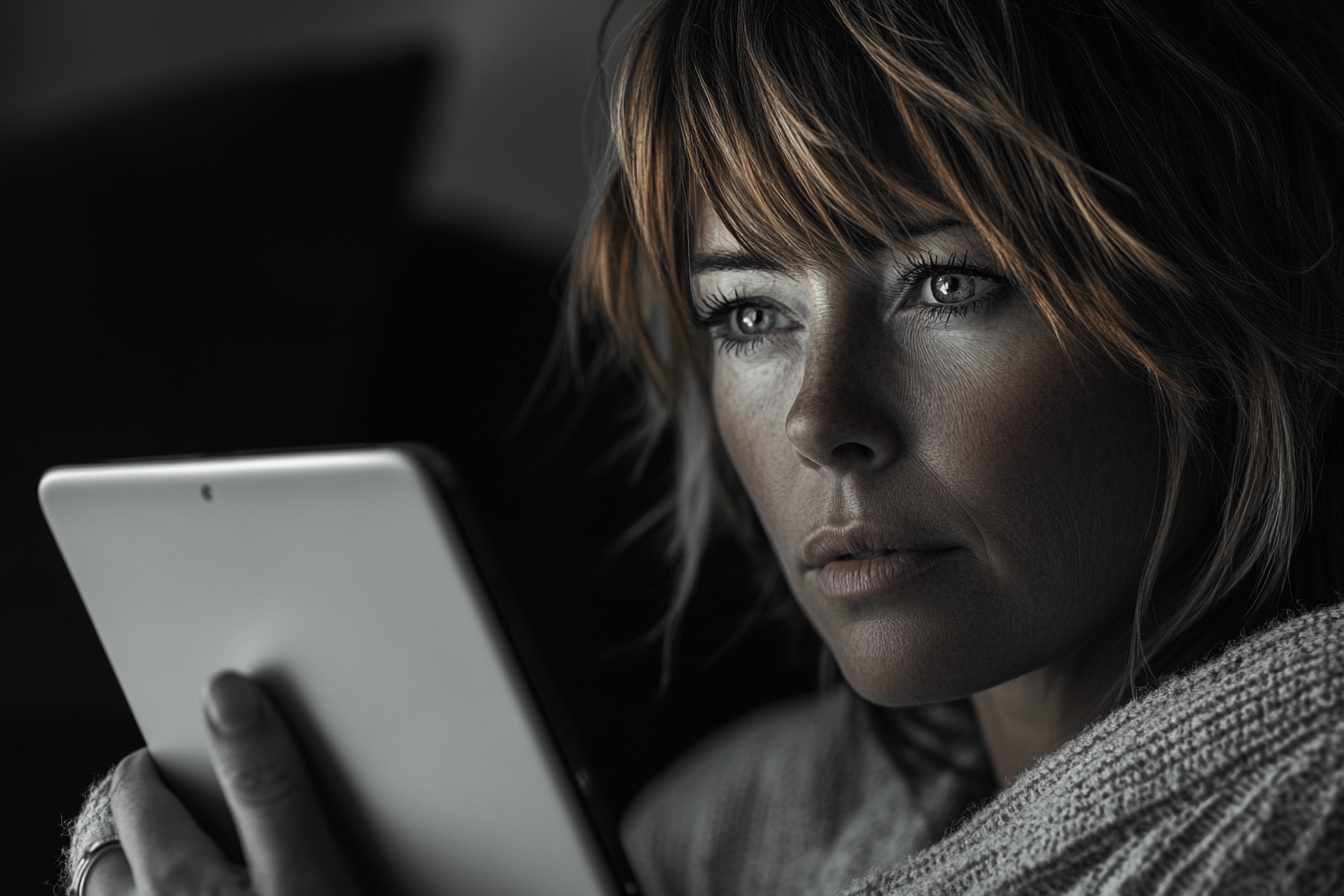 Une femme qui regarde fixement sa tablette | Source : Midjourney