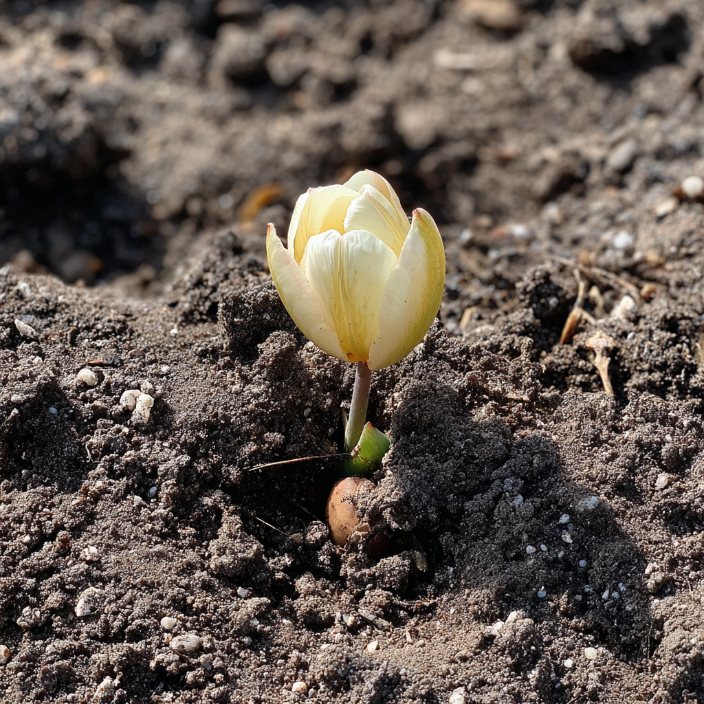 Une tulipe jaune pâle dans la terre | Source : Midjourney