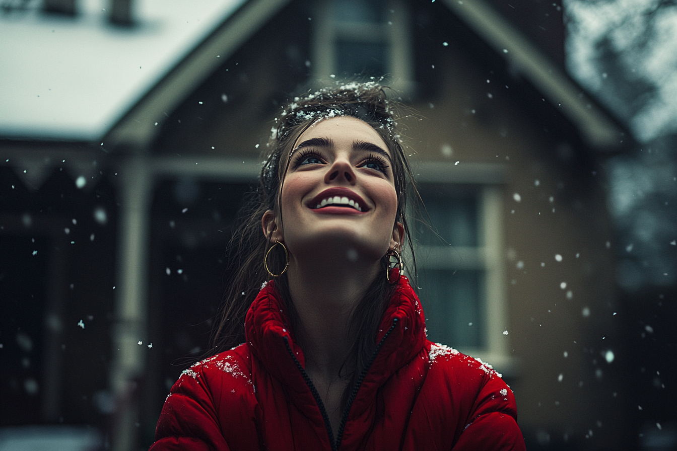 Une femme d'une trentaine d'années souriant largement se tient à l'extérieur d'une maison et regarde la neige tomber en portant une veste rouge | Source : Midjourney