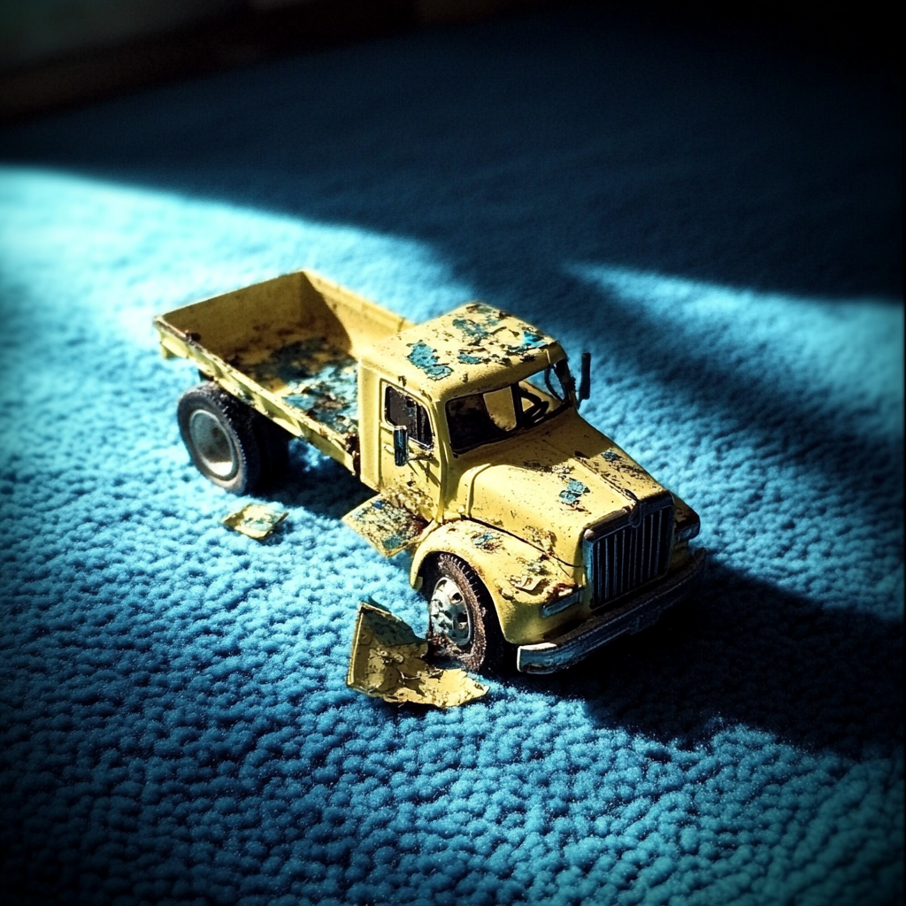 Un camion jouet cassé sur un tapis | Source : Midjourney