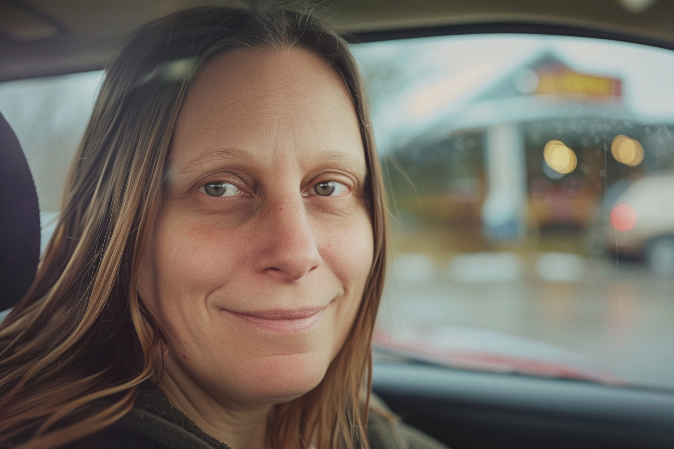 Une femme dans une voiture, souriante | Source : Midjourney