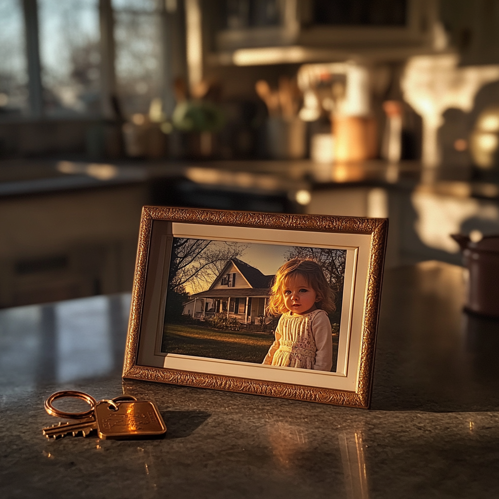 Une clé à côté d'un cadre photo sur un comptoir de cuisine | Source : Midjourney