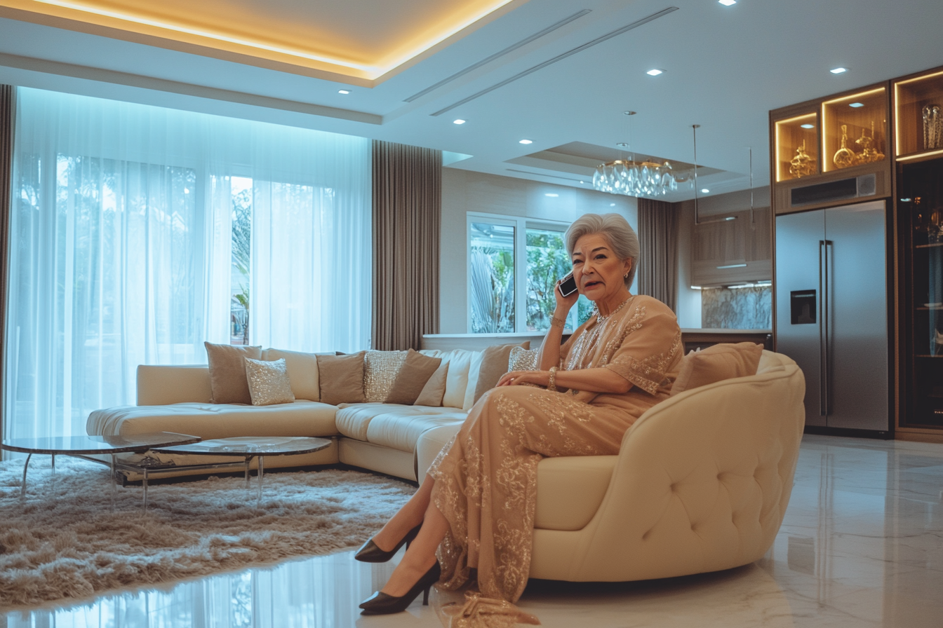 Une femme âgée qui a l'air en colère alors qu'elle est au téléphone | Source : Midjourney