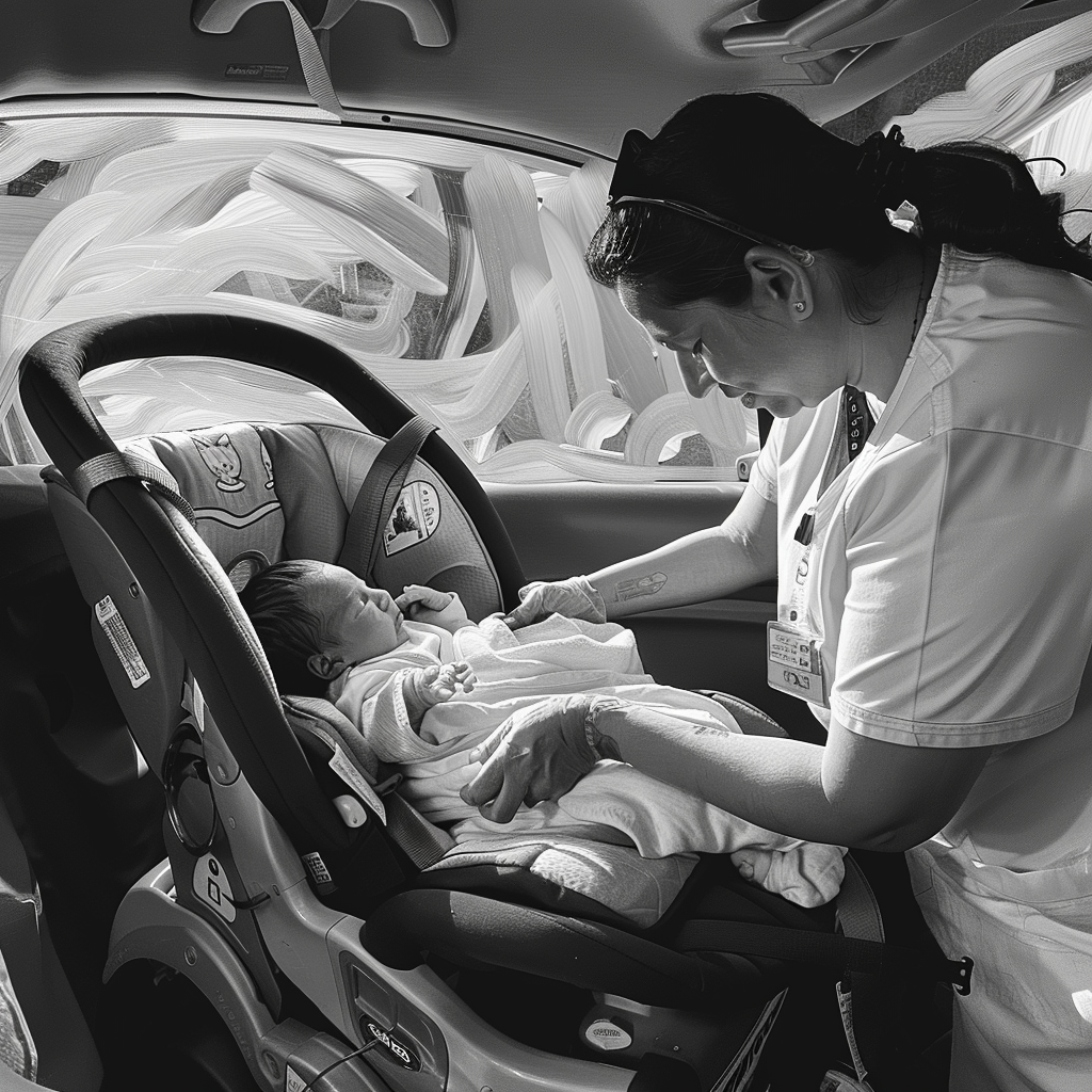 Infirmière plaçant bébé Luc dans un siège auto | Source : Midjourney