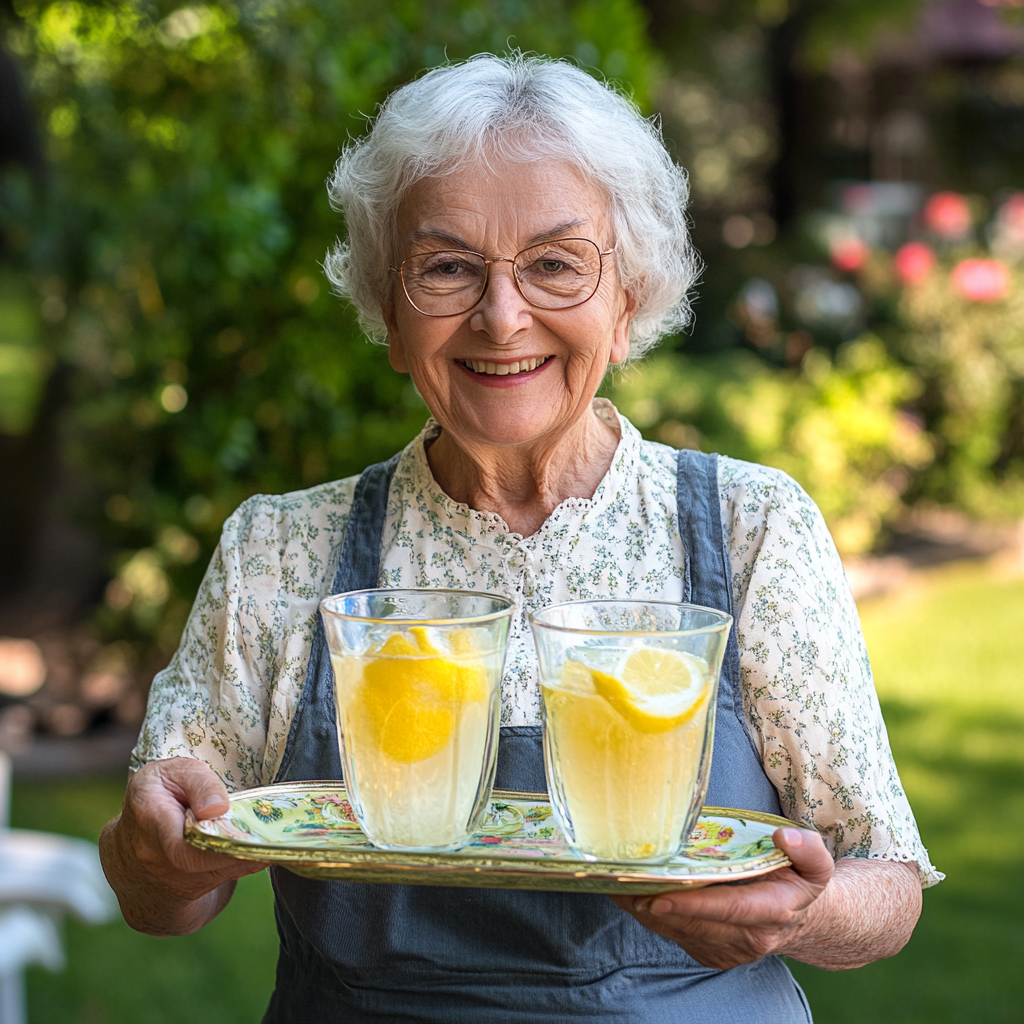 Femme âgée tenant un plateau avec deux verres de limonade. | Source : Midjourney