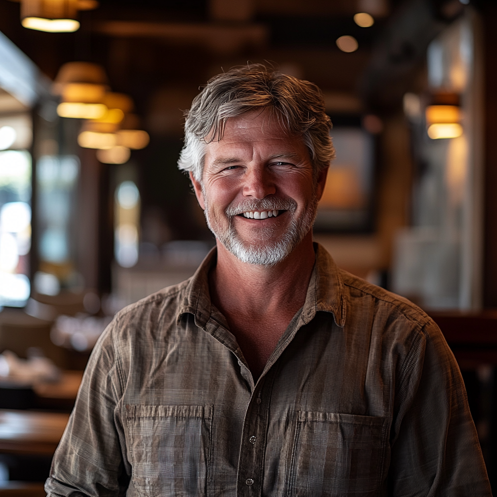 A middle-aged man smiles while sitting in a restaurant | Source: Midjourney