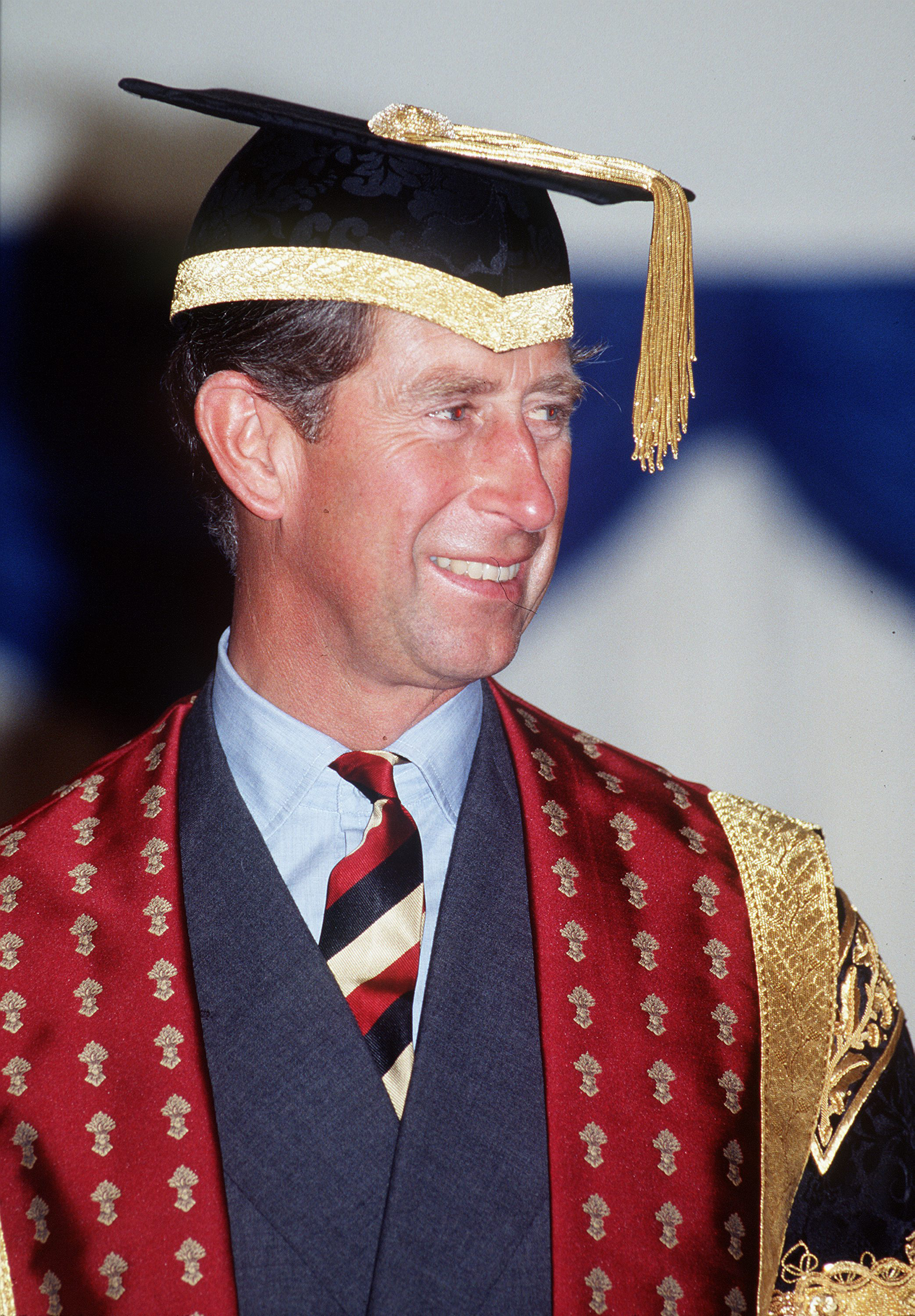 Le prince Charles, prince de Galles, assiste à une cérémonie de remise de diplômes au Royal Agricultural College de Cirencester, en Angleterre, le 7 octobre 1995. | Source : Getty Images