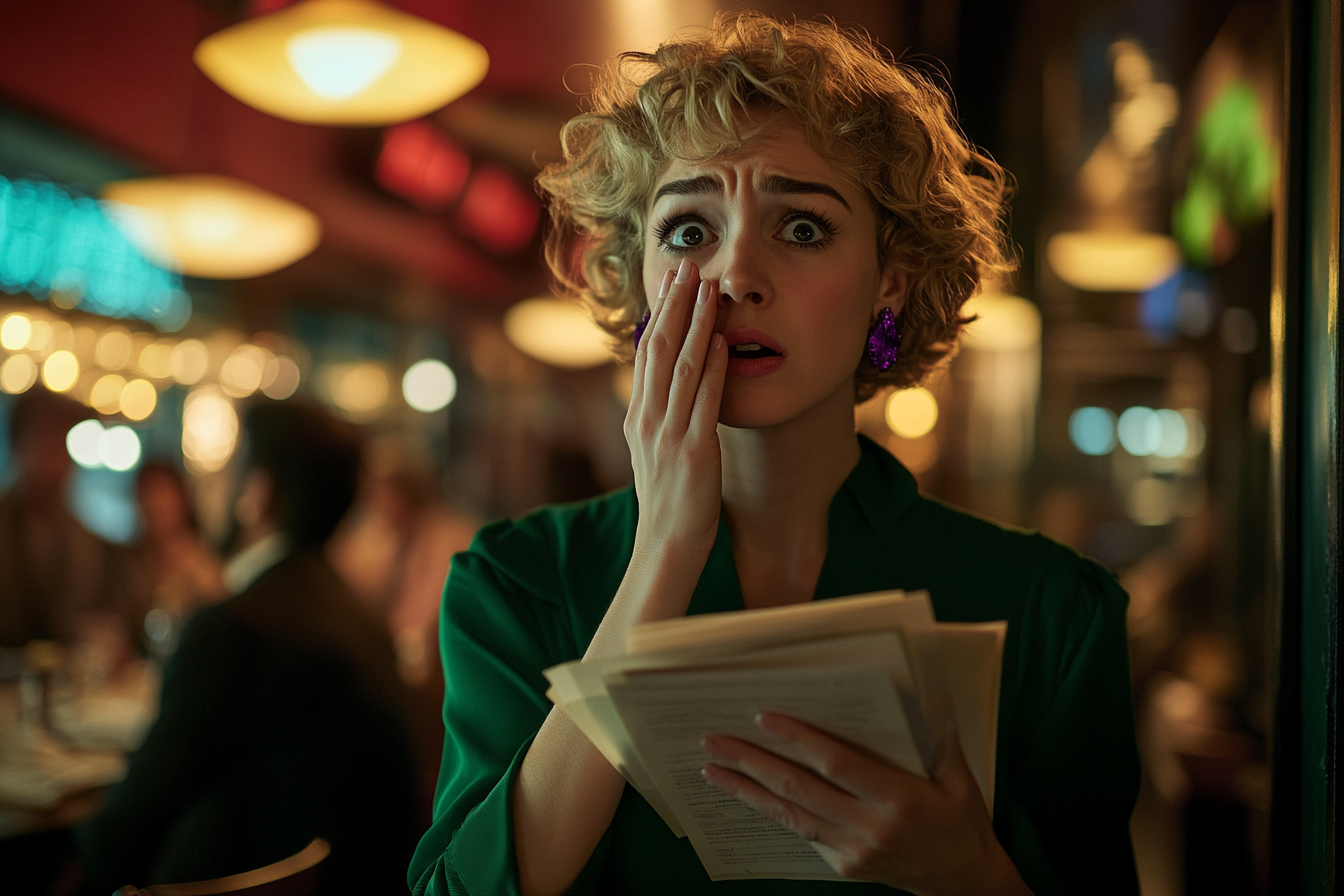 A woman touching her face in surprise, standing in a restaurant holding papers | Source: Midjourney