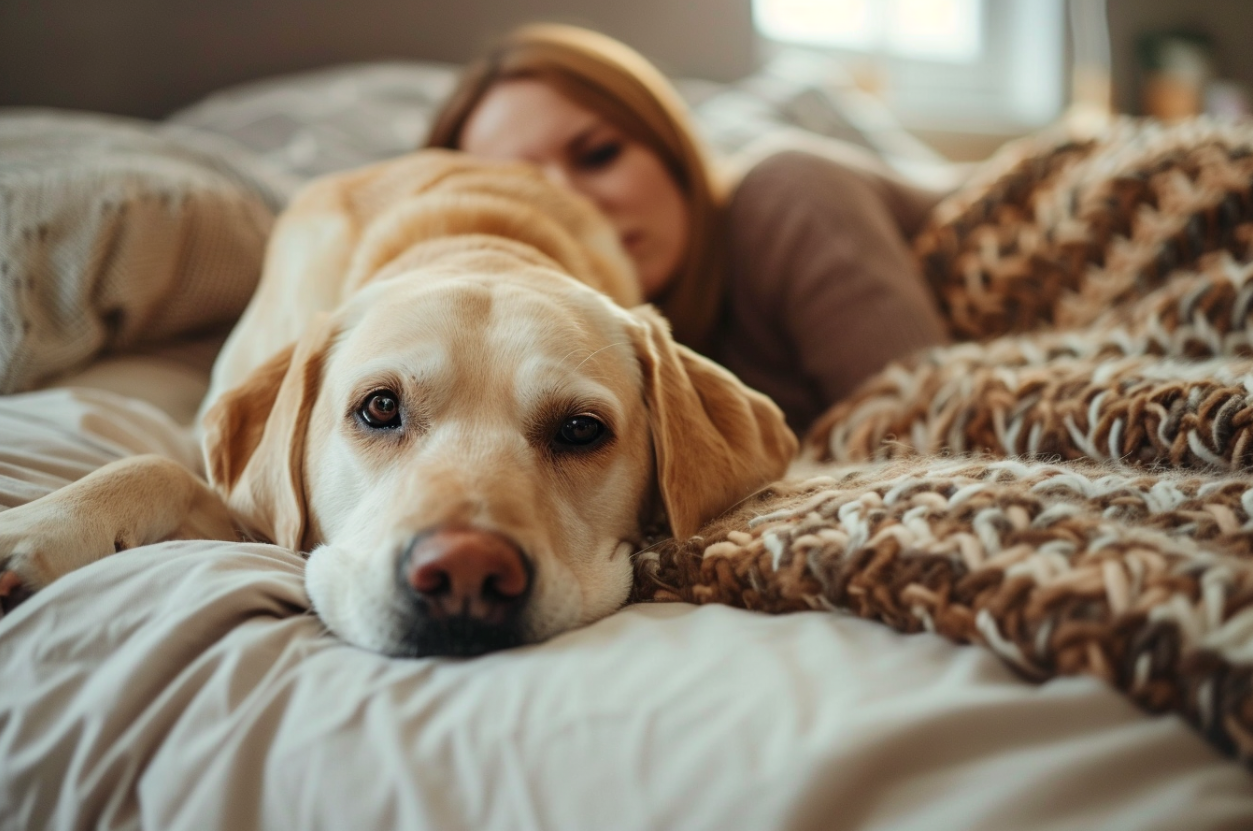 Un chien couché sur le lit d'une femme malade | Source : Midjourney