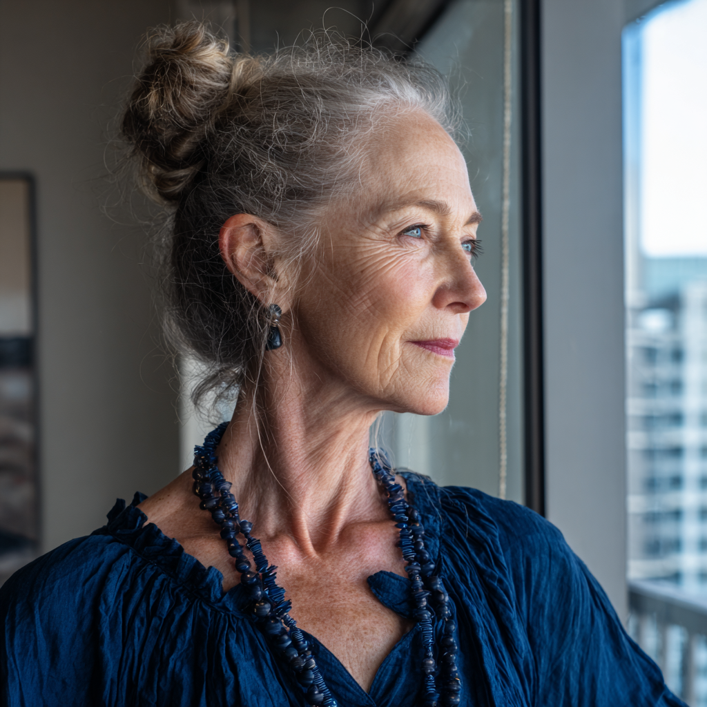 Une vieille femme debout dans un appartement | Source : Midjourney