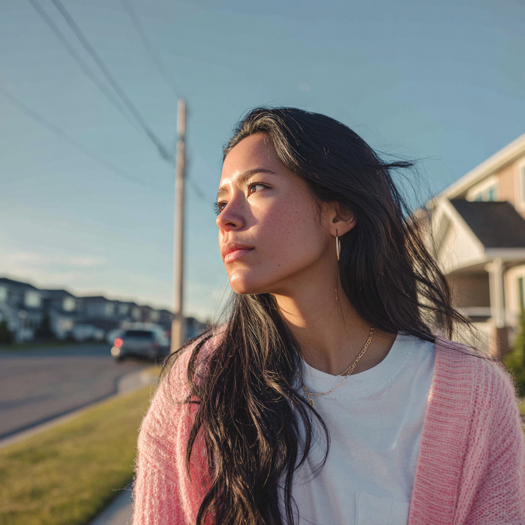 Une femme pensive debout à l'extérieur | Source : Midjourney