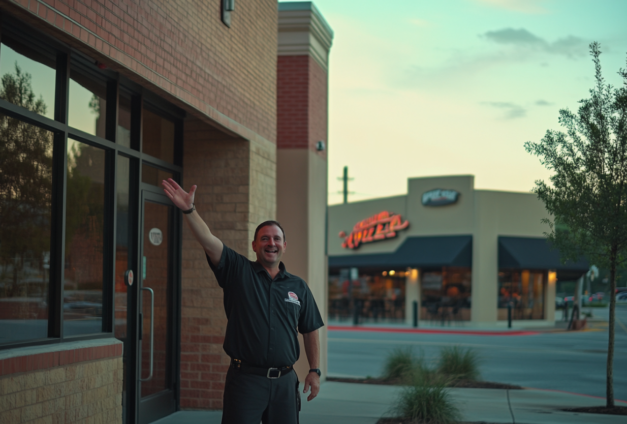 Un homme debout devant une pizzeria | Source : Midjourney