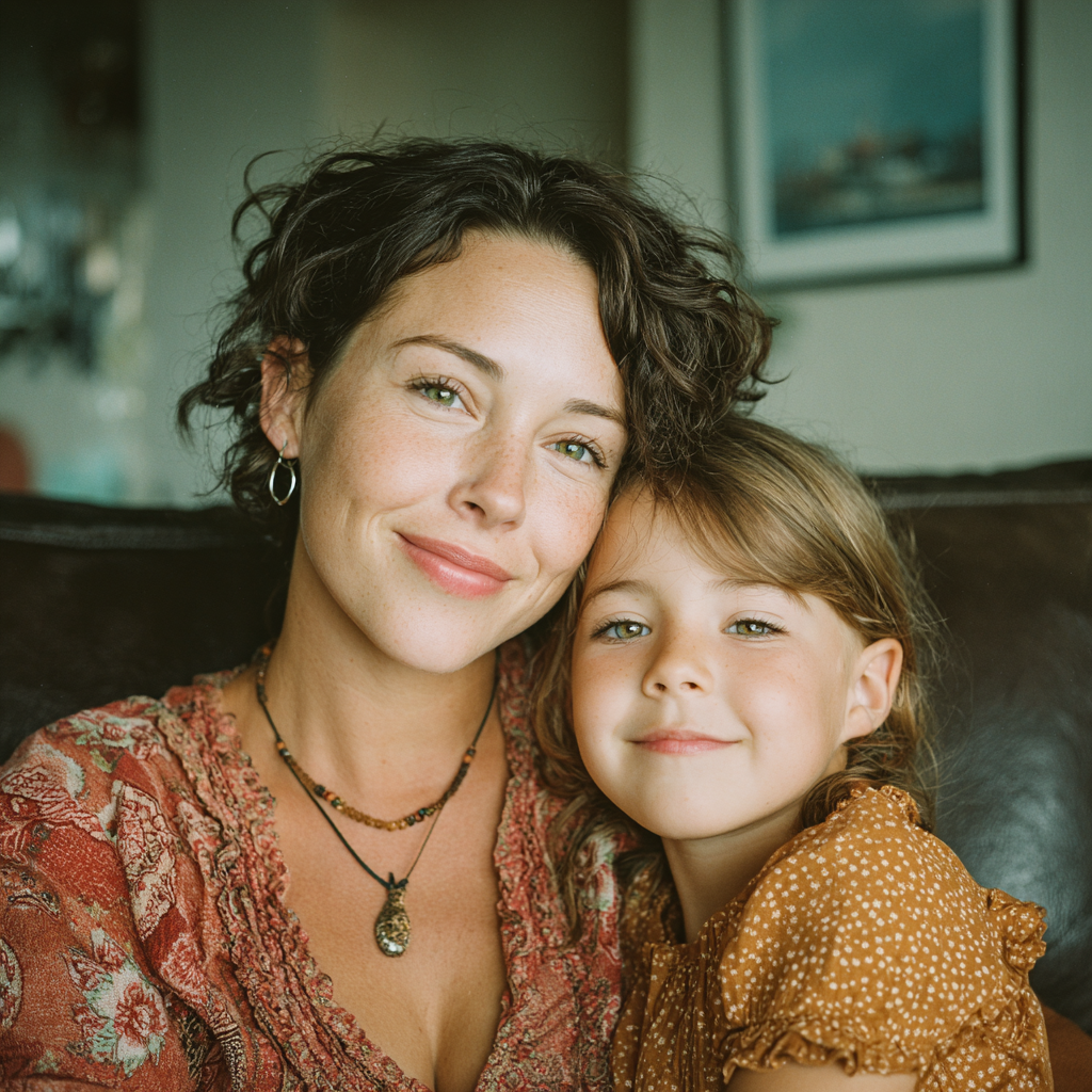 Une petite fille heureuse adossée à une femme | Source : Midjourney