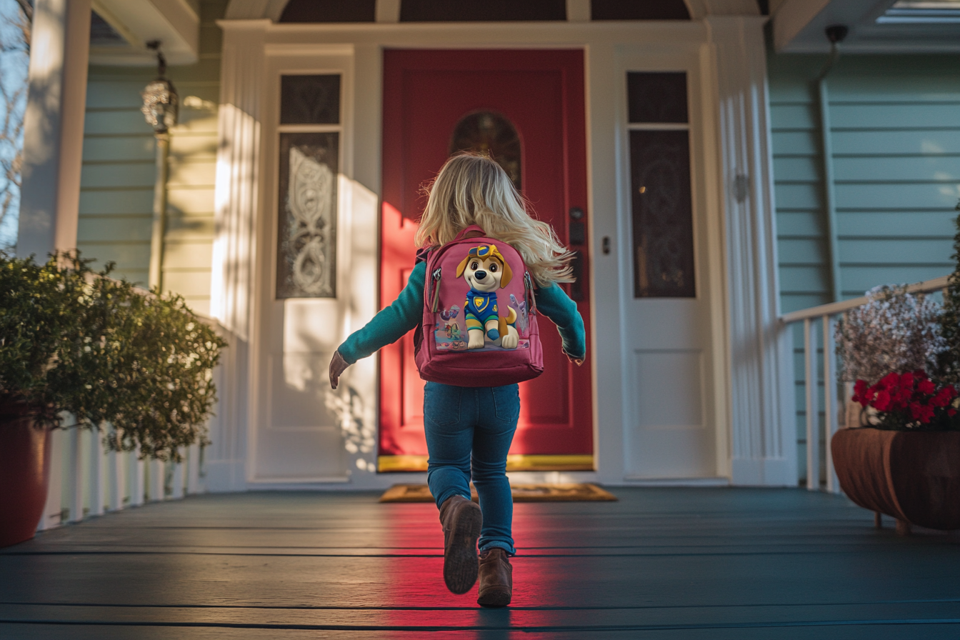 Petite fille blonde courant vers la porte d'entrée d'une maison | Source : Midjourney