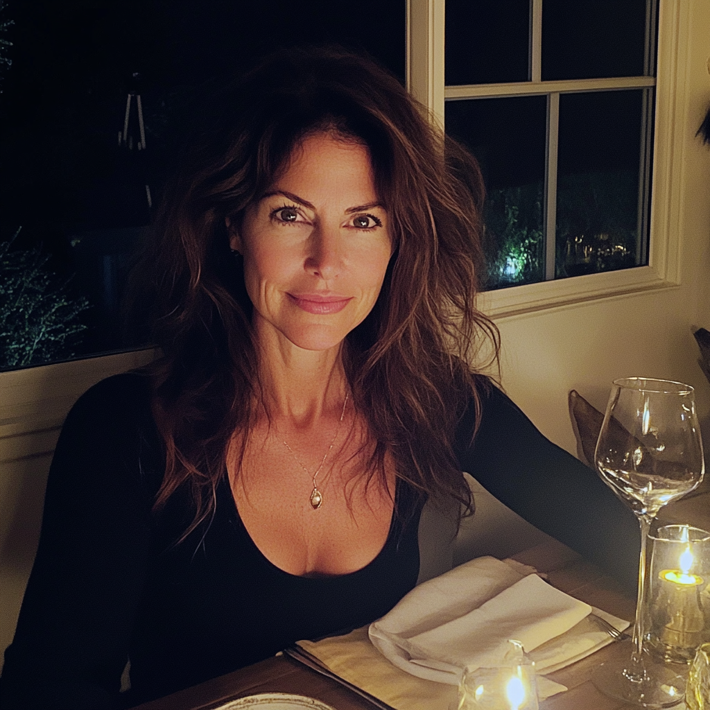 Une femme assise à une table de dîner | Source : Midjourney