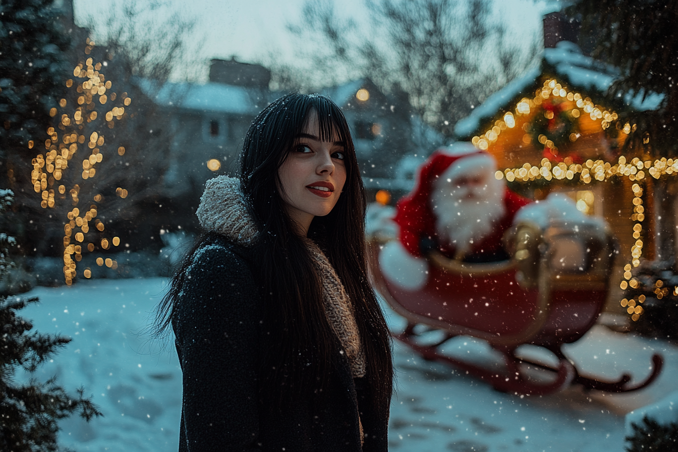 Femme souriant dans une cour enneigée avec des décorations de Noël | Source : Midjourney