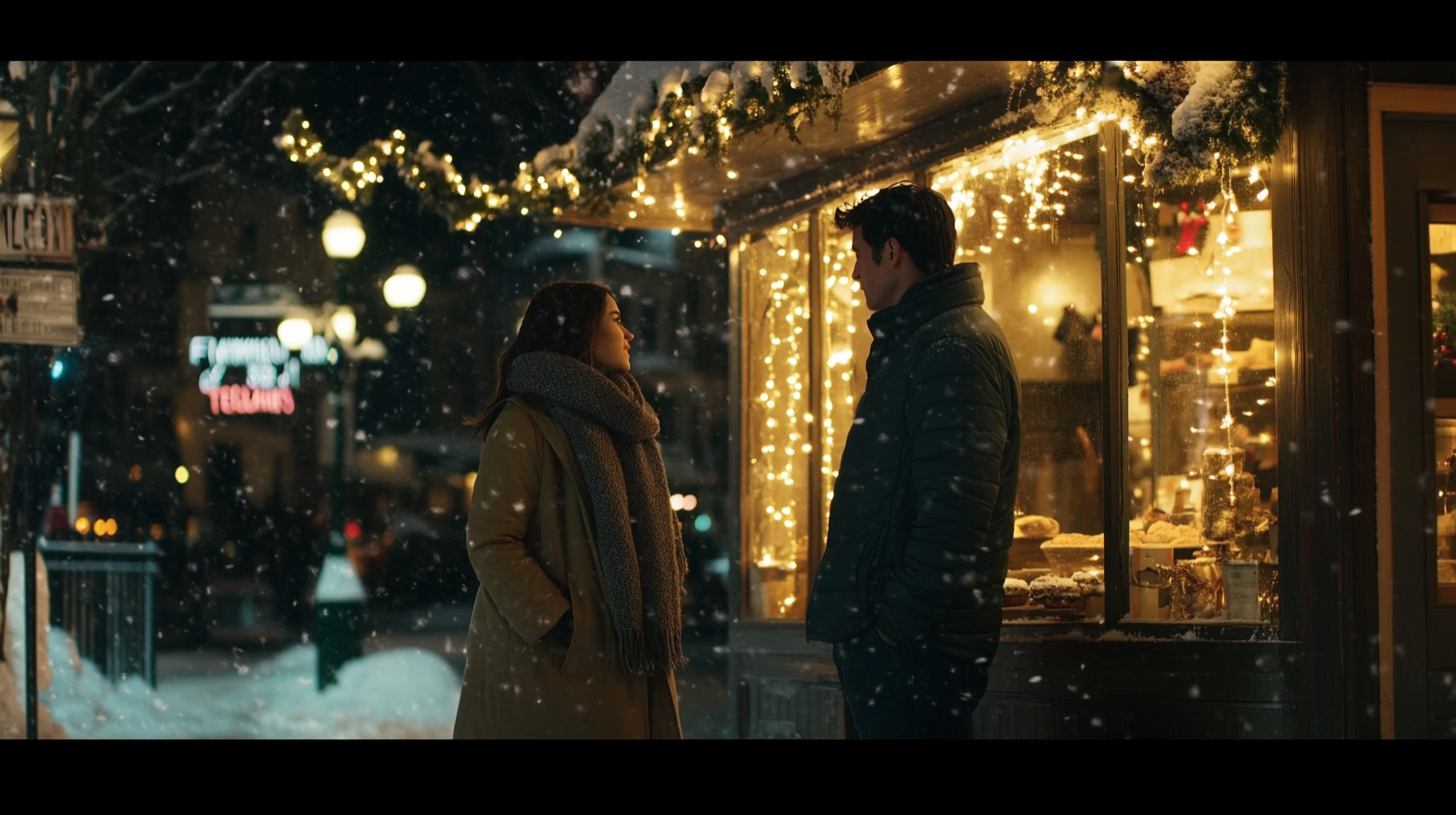 Couple discutant dans une rue décorée pour Noël | Source : Midjourney