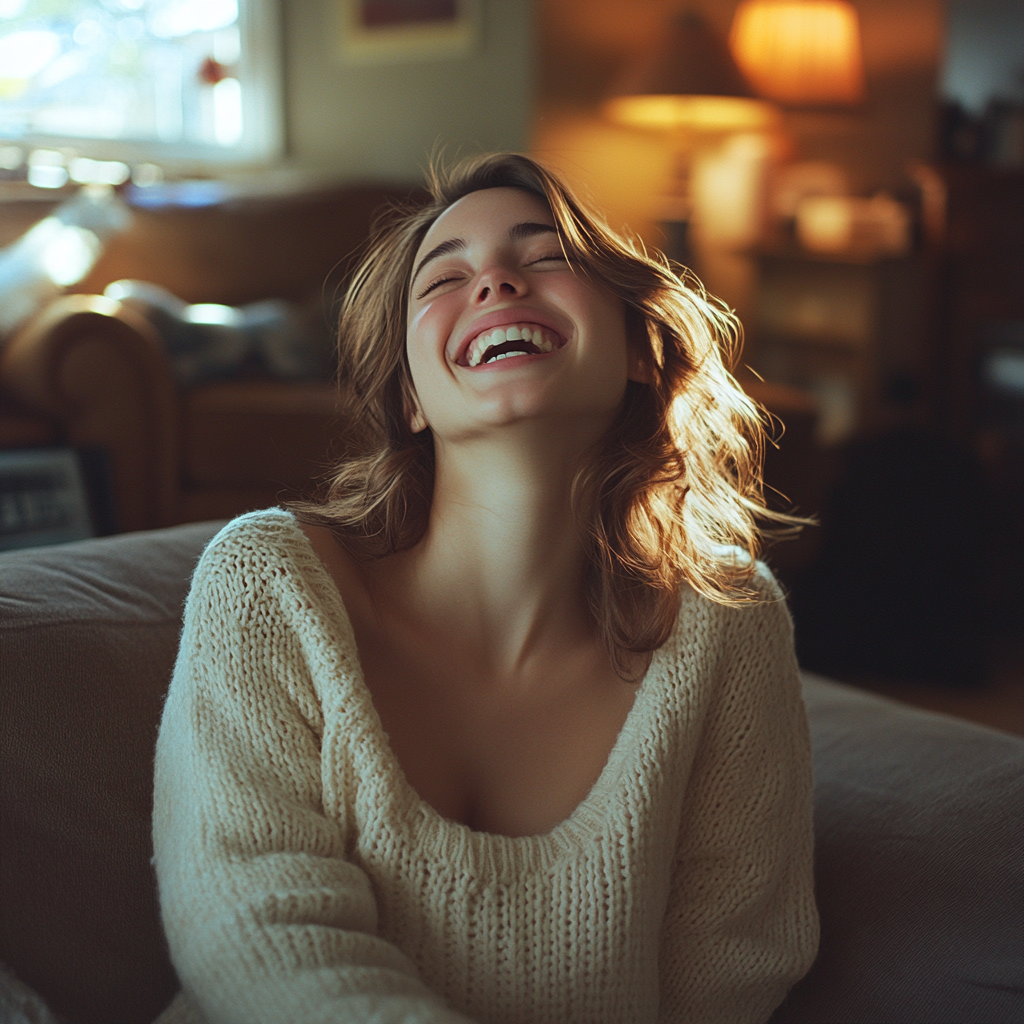 Une jeune femme qui rit de façon hystérique | Source : Midjourney