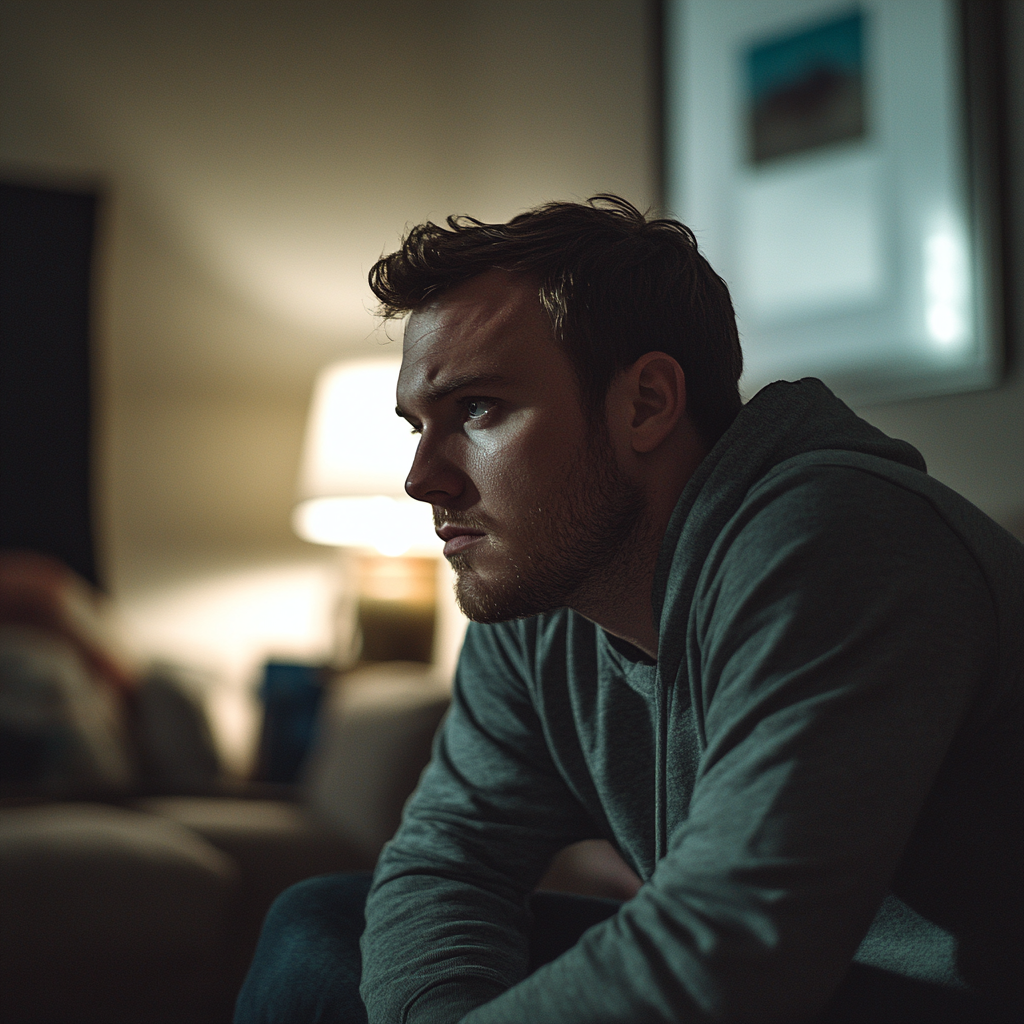 Un homme déterminé assis dans sa chambre | Source : Midjourney