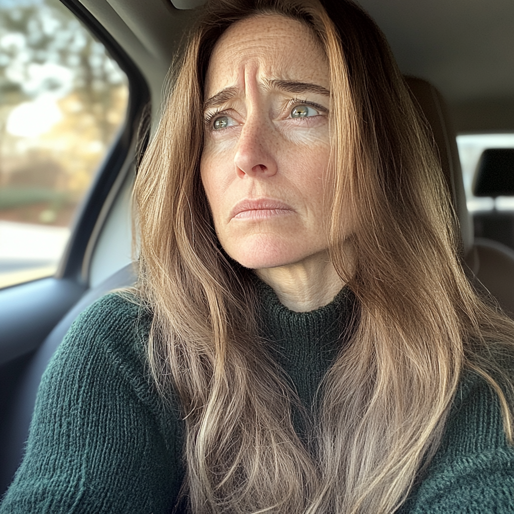 Une femme émotive assise dans une voiture | Source : Midjourney