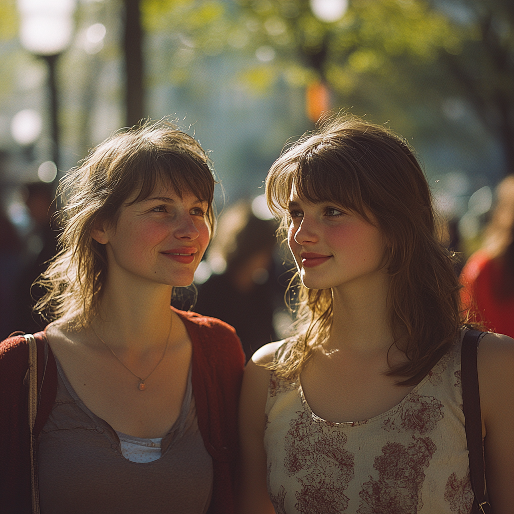 Deux femmes heureuses marchant ensemble | Source : Midjourney