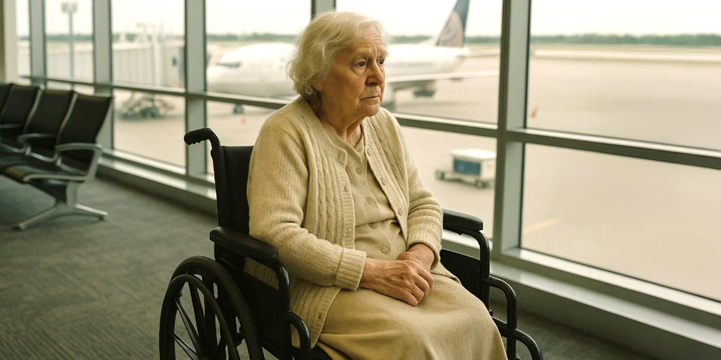 Une femme âgée qui attend seule dans un fauteuil roulant à l'aéroport | Source : The Celebritist