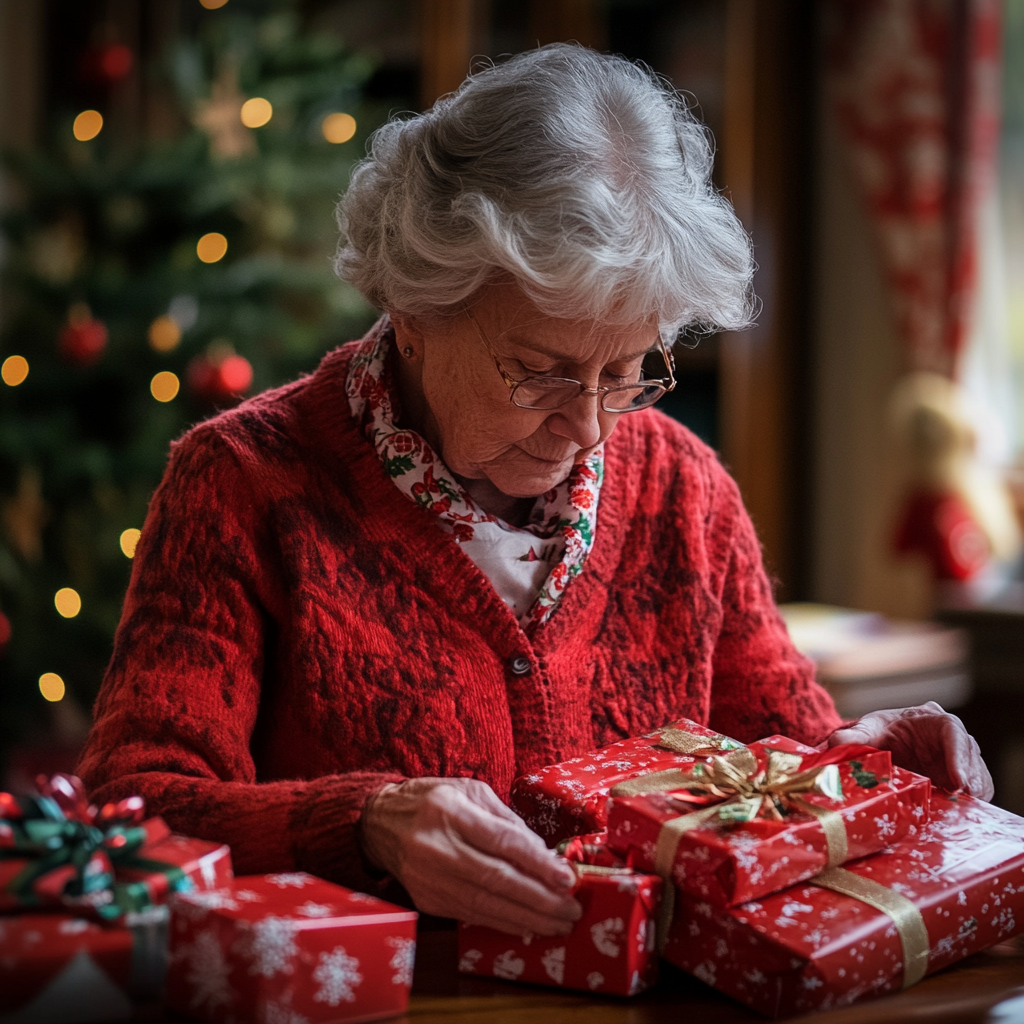 Une femme âgée emballe des cadeaux de Noël | Source : Midjourney