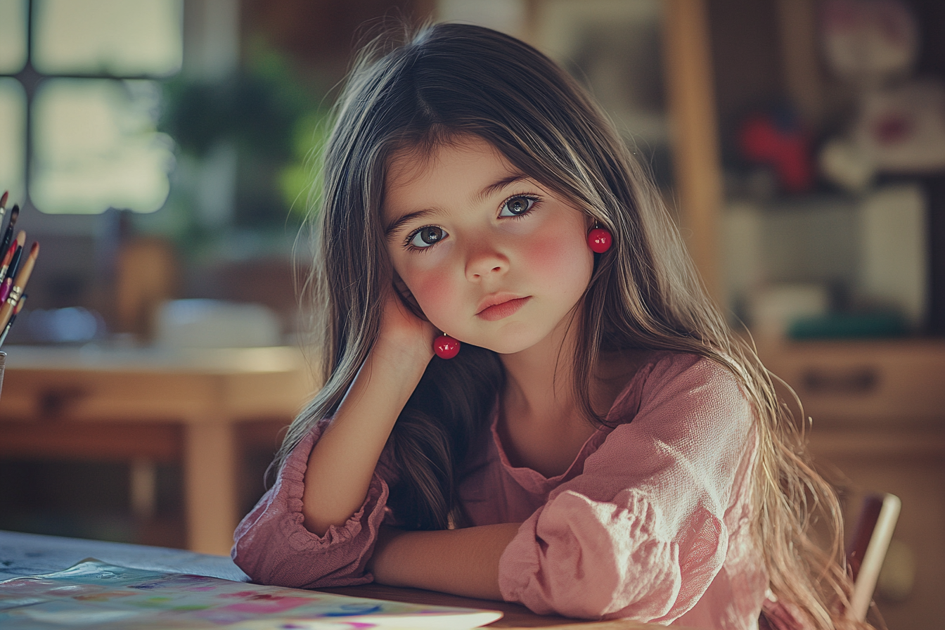 Une petite fille de 5 ans assise sur une table, l'air pensif tout en peignant | Source : Midjourney