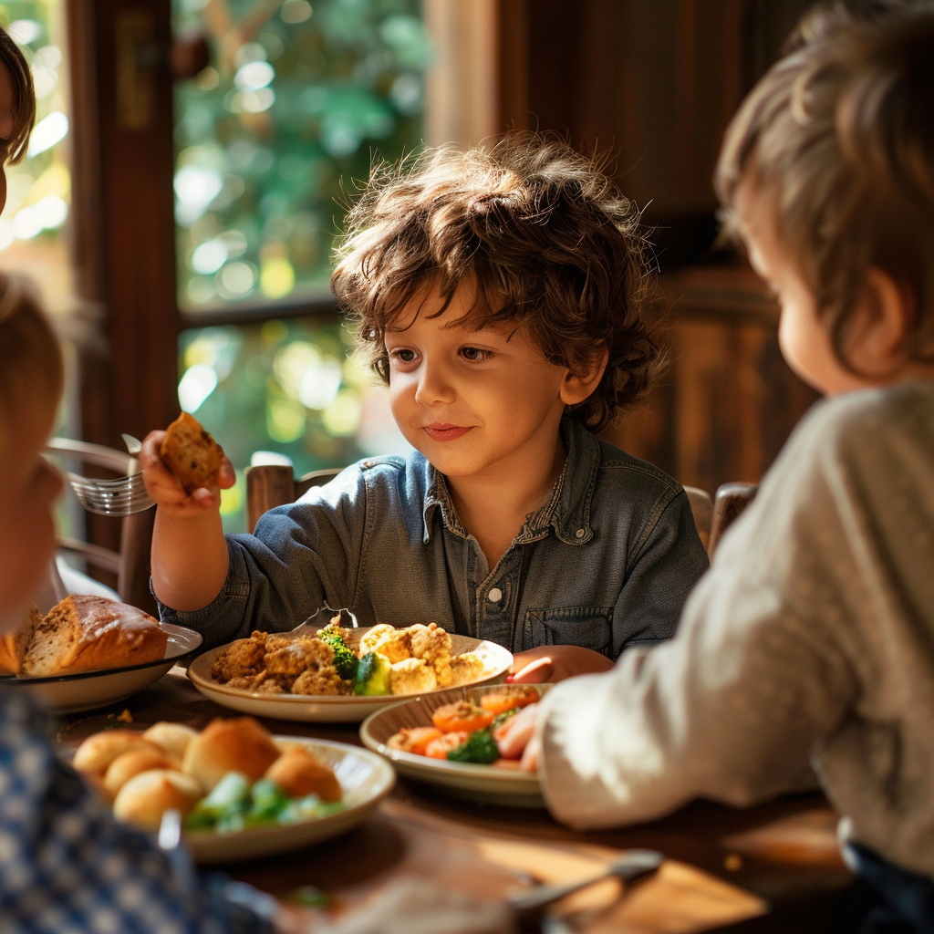 Garçon partageant la nourriture avec ses frères et sœurs | Source : Midjourney