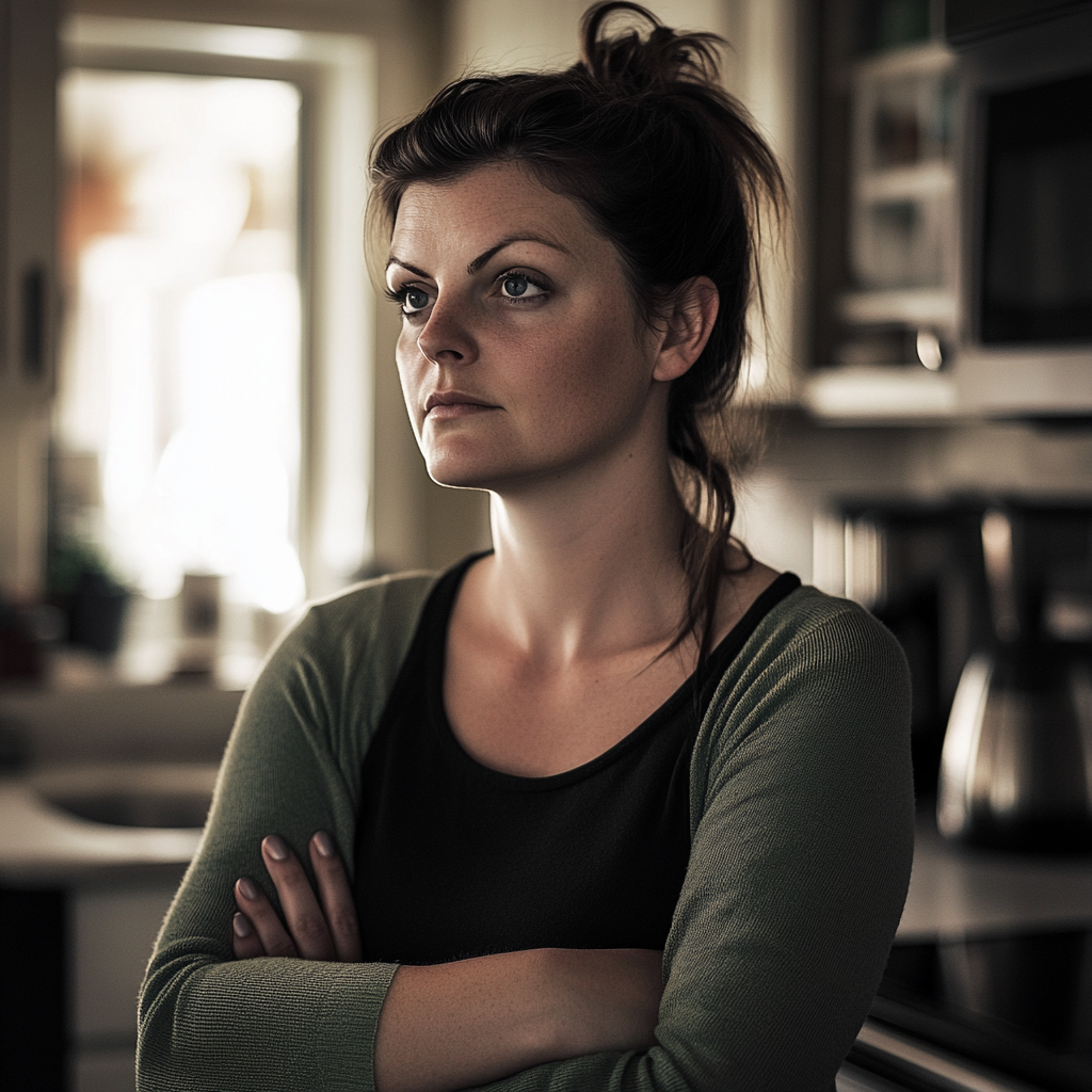 Une femme a l'air sérieuse alors qu'elle se tient dans la cuisine et regarde quelqu'un | Source : Midjourney